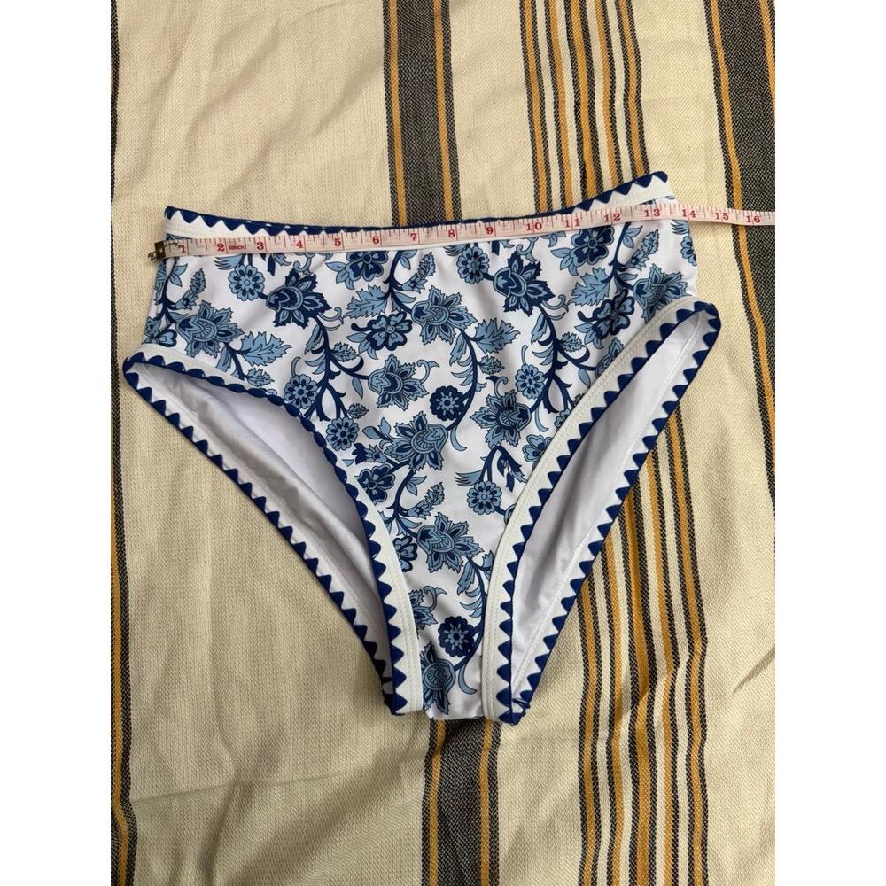 Two Piece Swimsuit Womens L Blue Floral Bikini High Waisted Tropical Boho - Picture 8 of 12